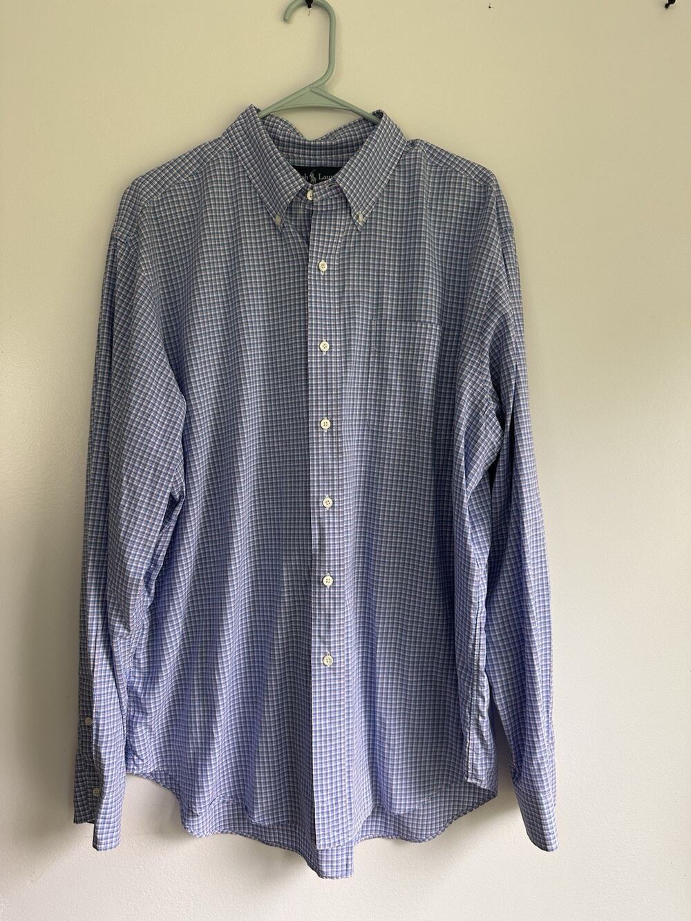 Ralph Lauren Men’s Size XL Blue Pink Micro Plaid Classic Fit Button Front Shirt